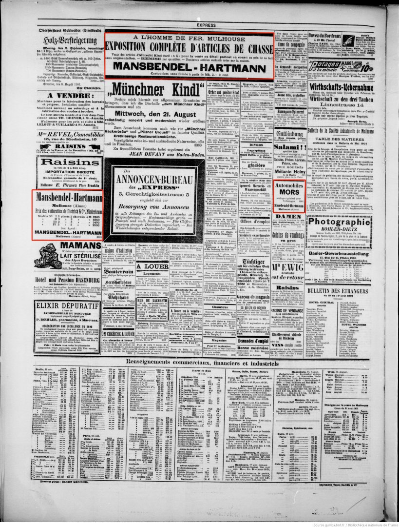 Journal L'Express de Mulhouse du 20 août 1901 (p.4) : exposition complète d'articles de chasse, automobiles Mors, et prix des voiturettes de Dietrich & Cie, Niederbronn.